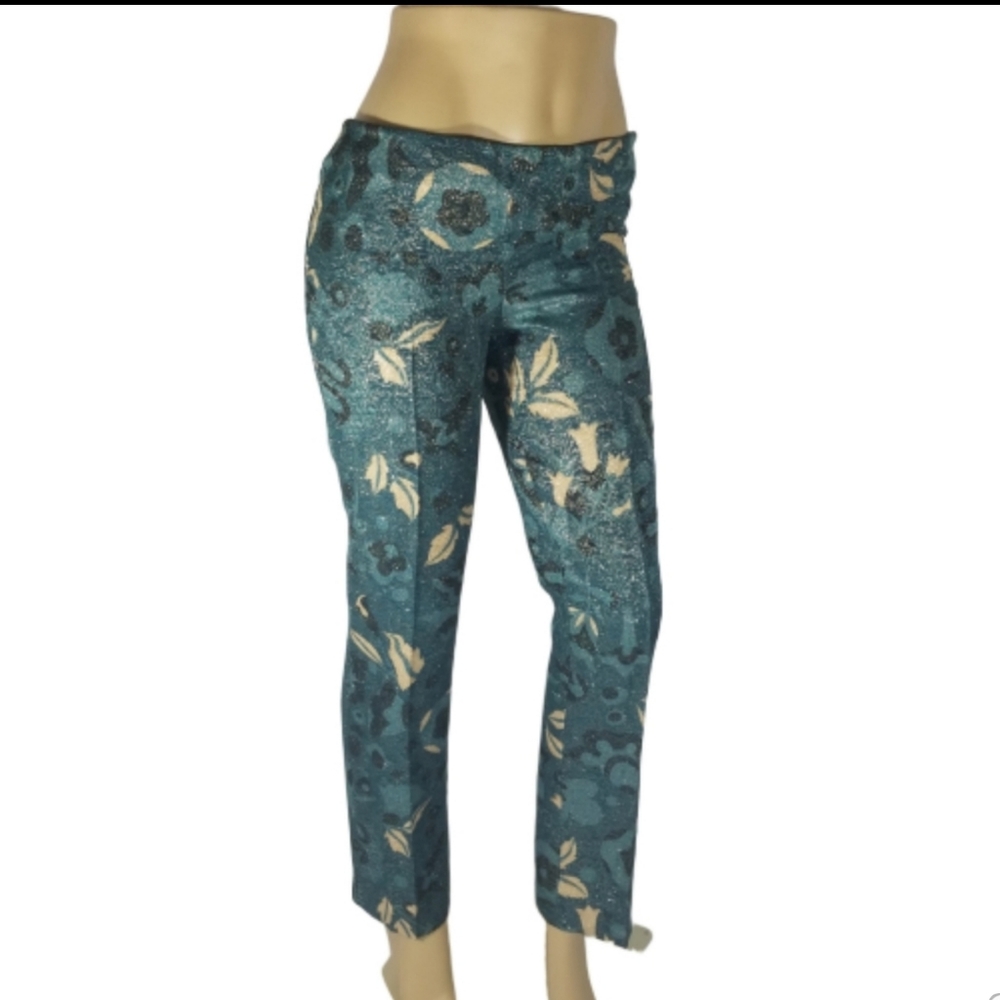 Moschino teal floral print shimmer crop pants sz 8